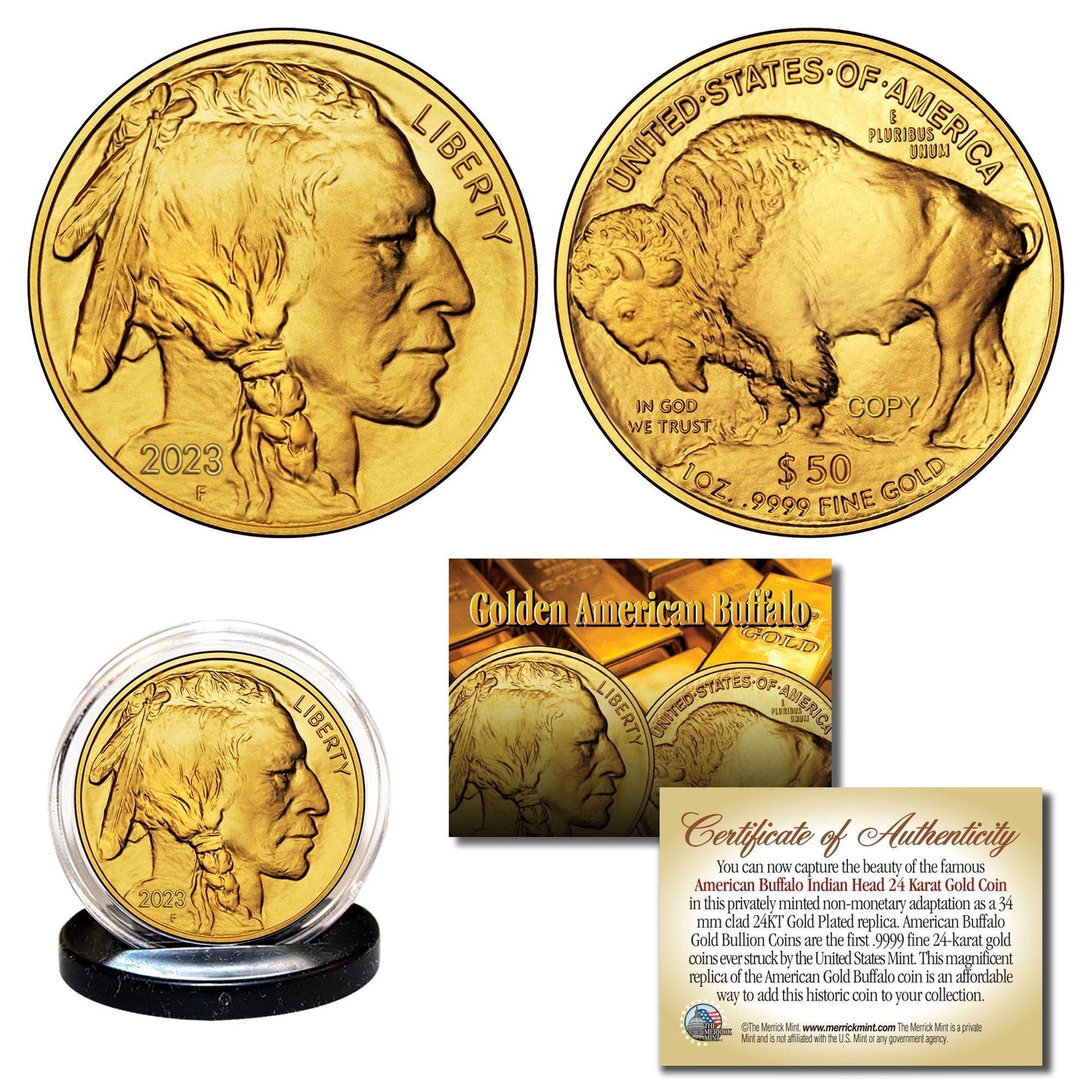 2023 24K Gold Clad $50 AMERICAN GOLD BUFFALO Indian Head TRIBUTE Coin