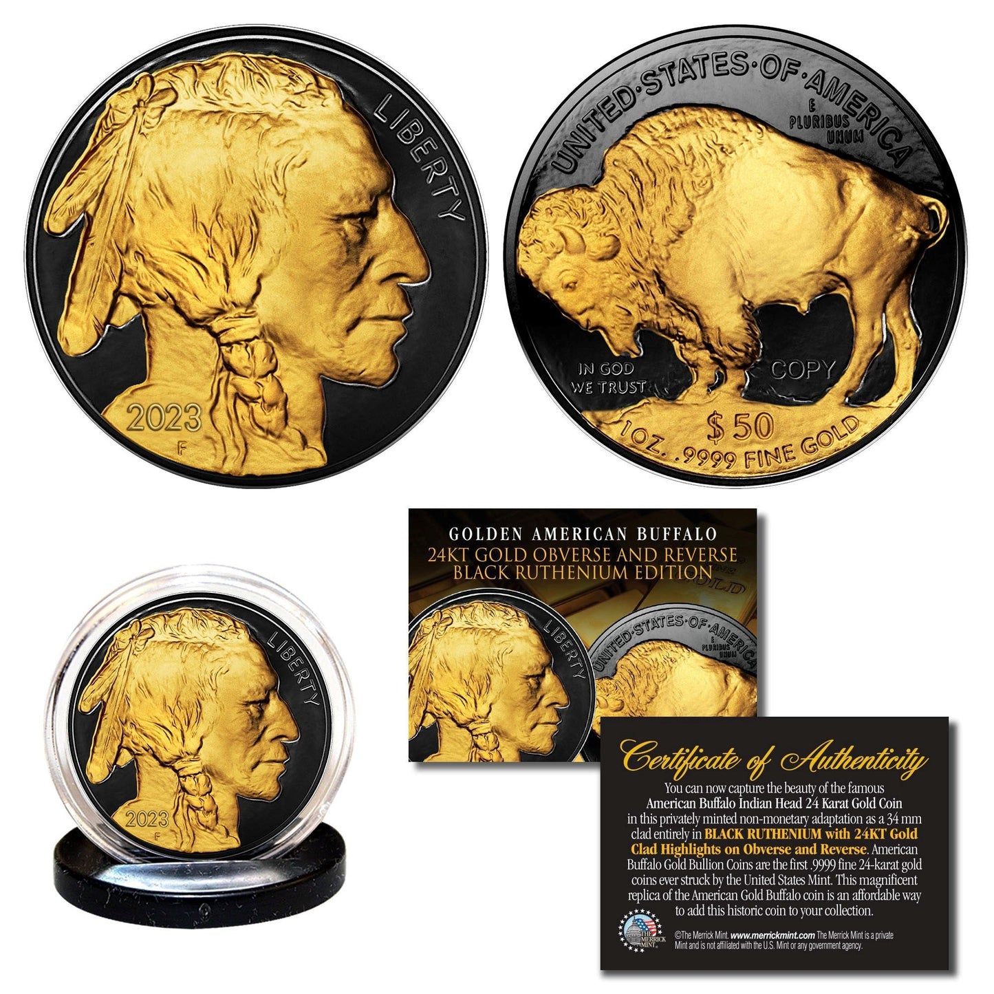 2023 24K Gold Clad/Black Ruthenium $50 AMERICAN GOLD BUFFALO Indian Head TRIBUTE Coin