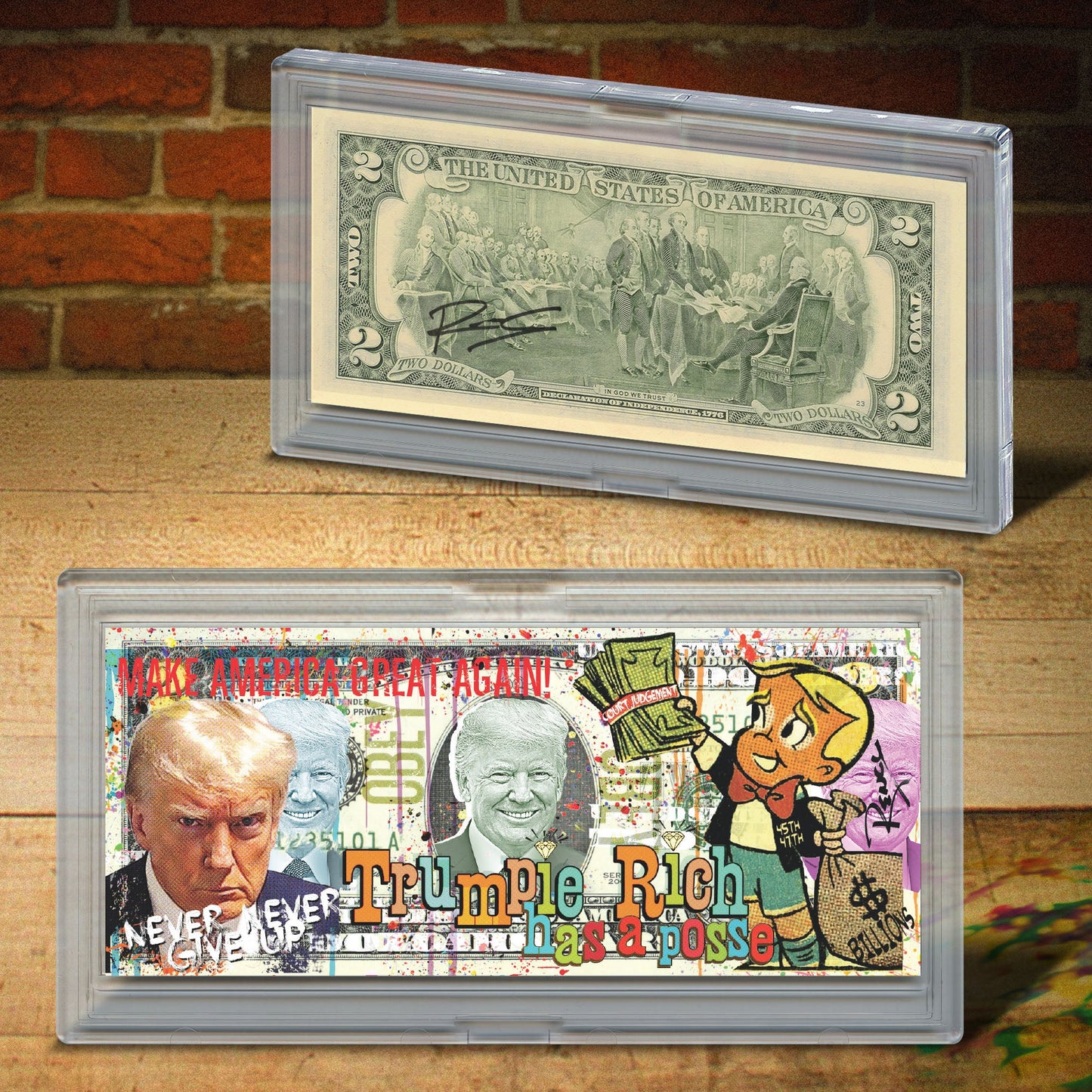 Donald Trump "Trumpie Rich" Presidential Mugshot U.S. $2 Bill Pop Art Signed by Artist Rency