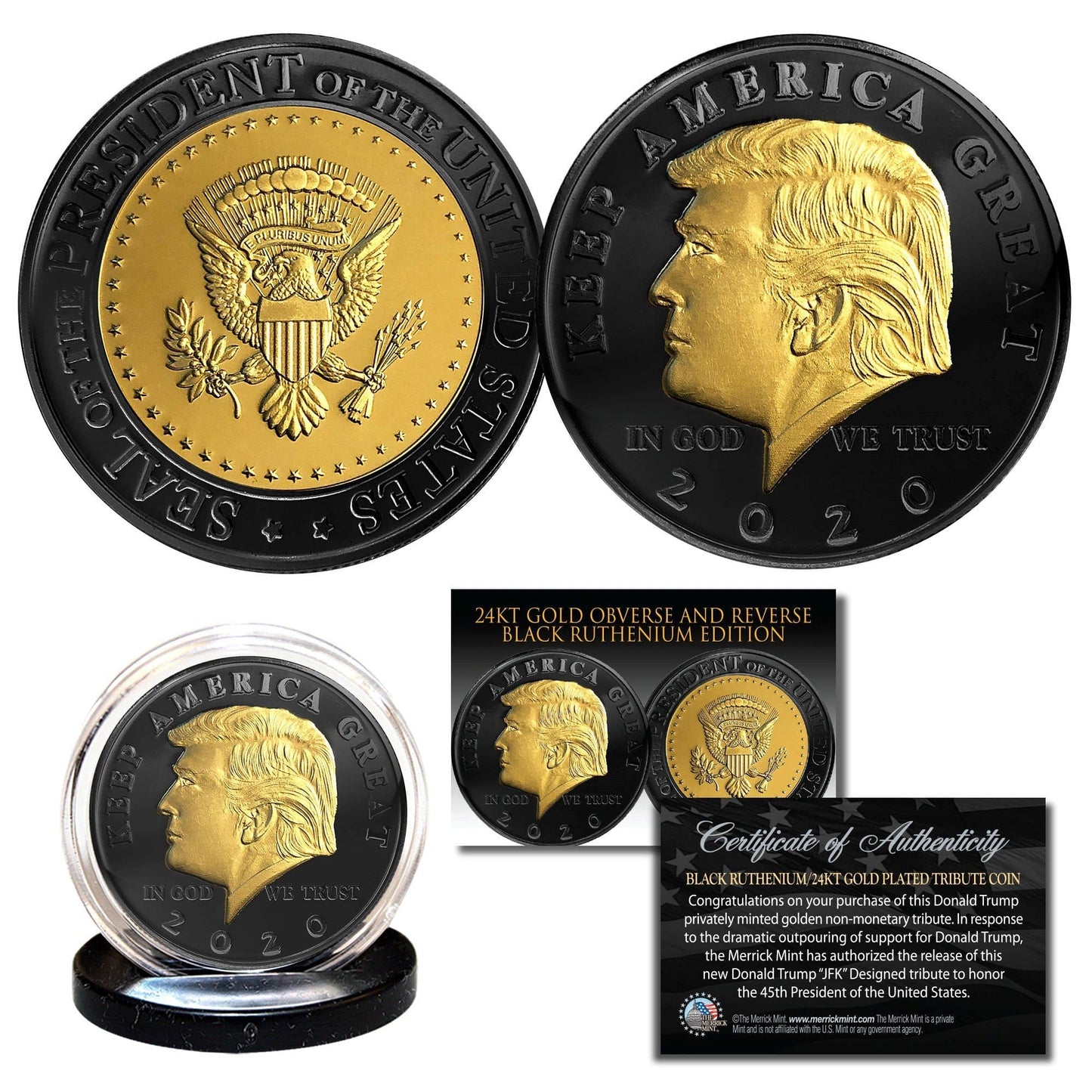 Donald Trump 2020 "Keep America Great" Black Ruthenium & 24K Gold Clad Tribute Coin