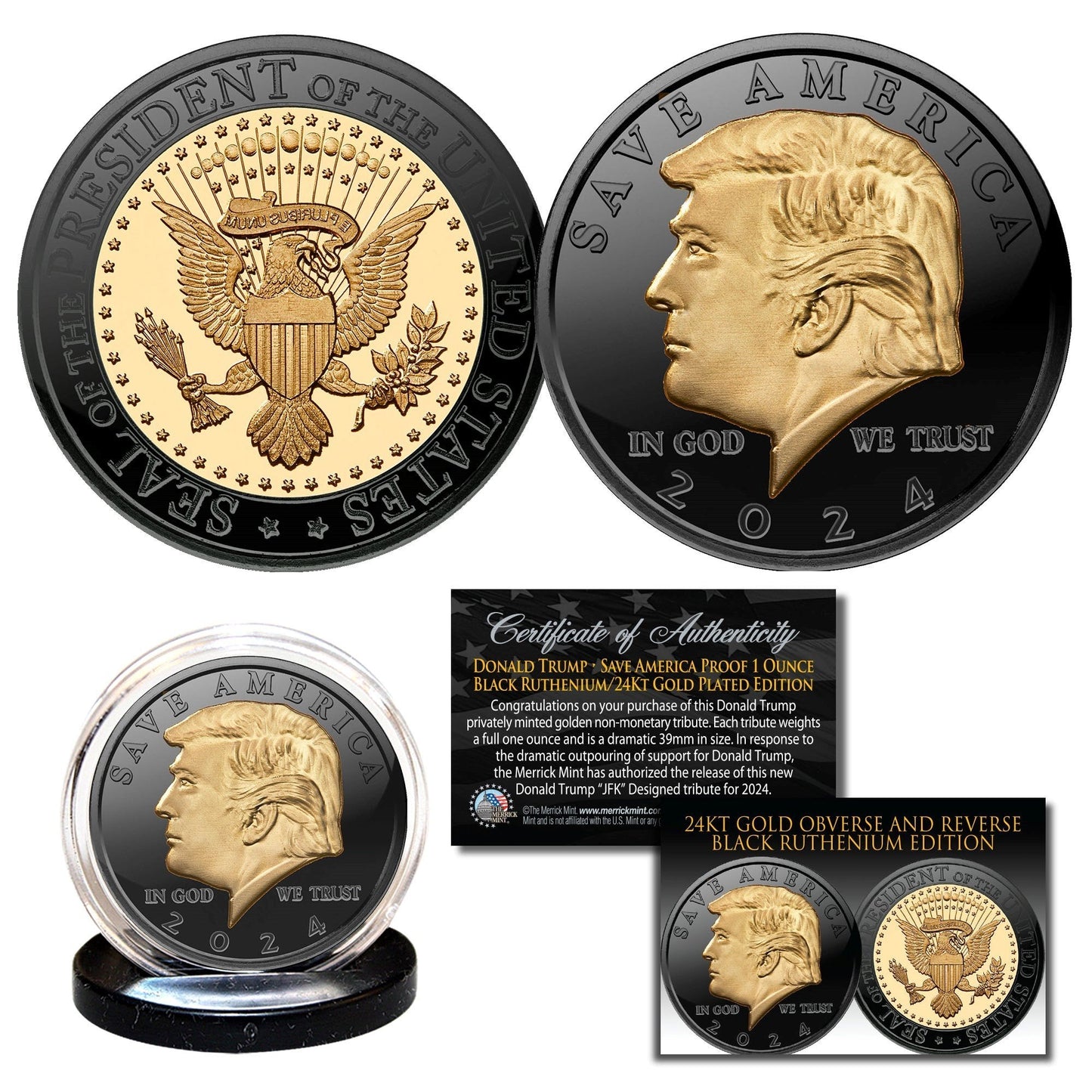 Donald Trump 2024 "Save America" Black Ruthenium & 24K Gold Clad Tribute Coin