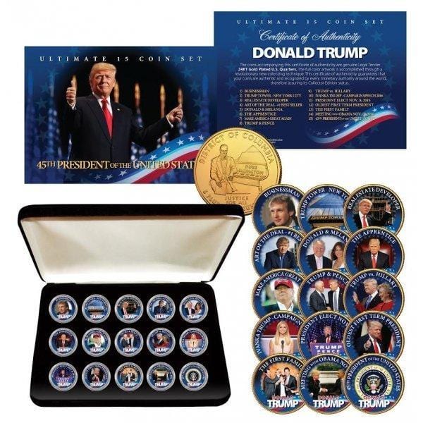 Donald Trump - Ultimate 15-Coin 24K Gold Plated Washington DC Quarter Set with Premium Display Box