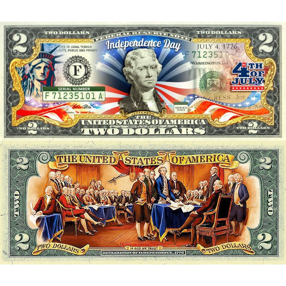 July 4th Independence Day *2-Sided* Official Genuine Legal Tender $2 U.S. Bill