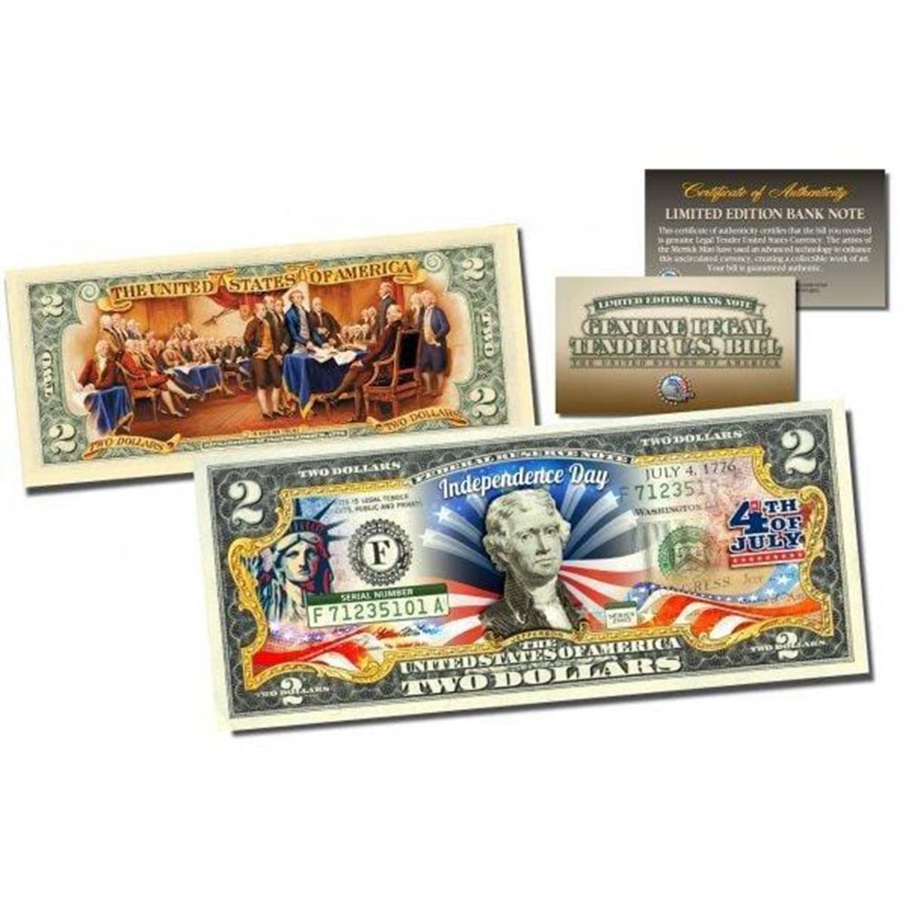 July 4th Independence Day *2-Sided* Official Genuine Legal Tender $2 U.S. Bill