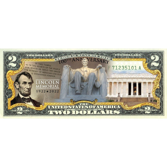 Lincoln Memorial 100th Anniversary - Genuine Legal Tender U.S. $2 Bill