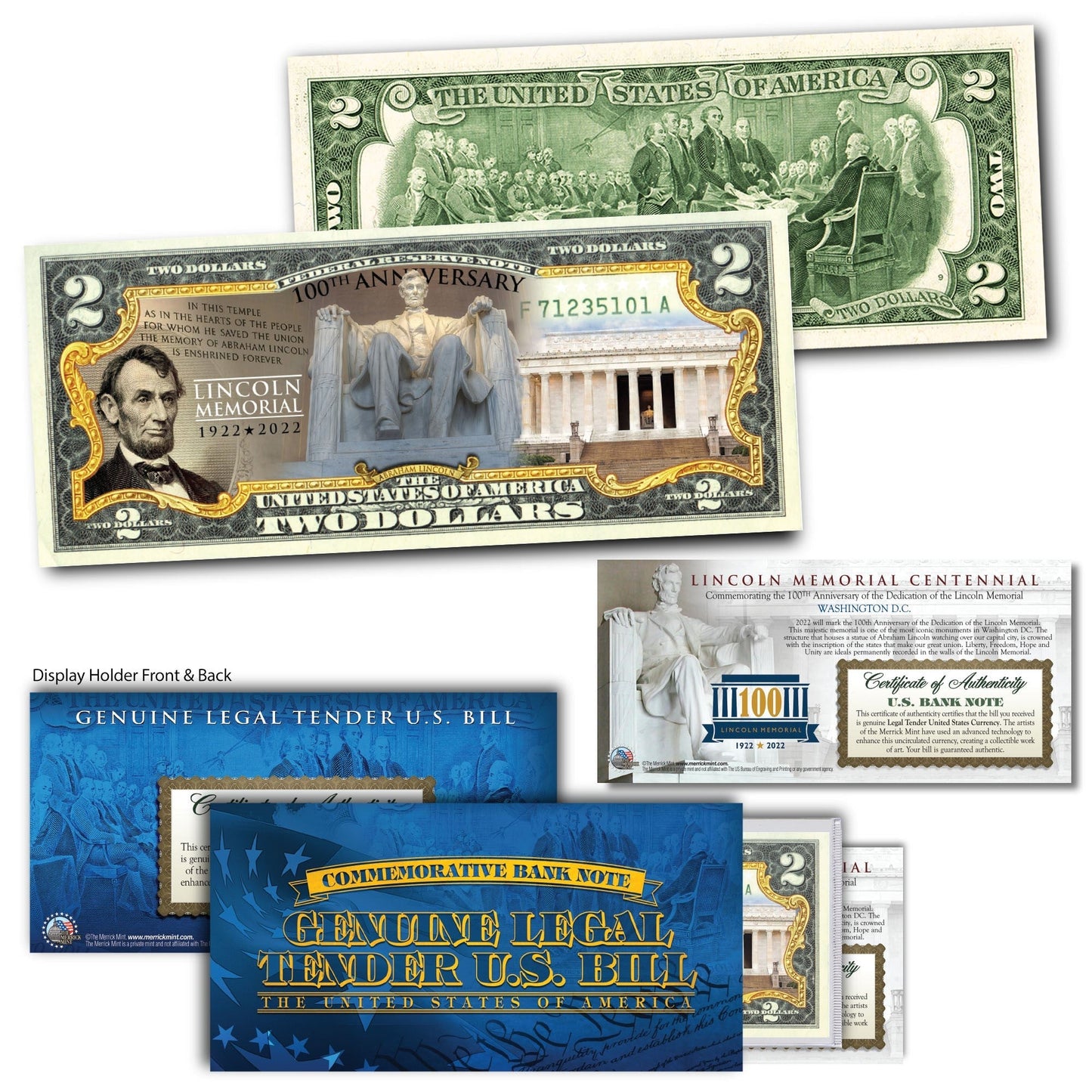 Lincoln Memorial 100th Anniversary - Genuine Legal Tender U.S. $2 Bill