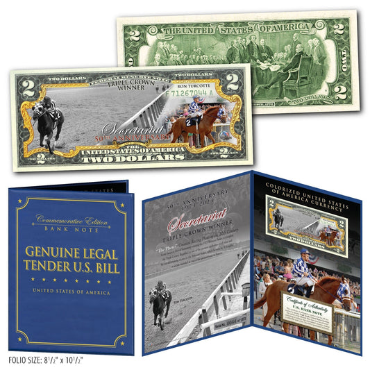 Secretariat 50th Anniversary 1973-2023 Triple Crown Horse Racing Famous Down the Stretch Photo $2 Bill in 8 x 10 Display Folio Limited # of 1,973