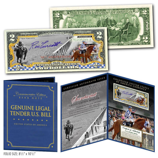 Secretariat 50th Anniversary 1973-2023 Triple Crown Horse Racing Famous Down the Stretch Photo Autographed by Jockey Ron Turcotte $2 Bill in 8 x 10 Display Folio- Limited # of 250