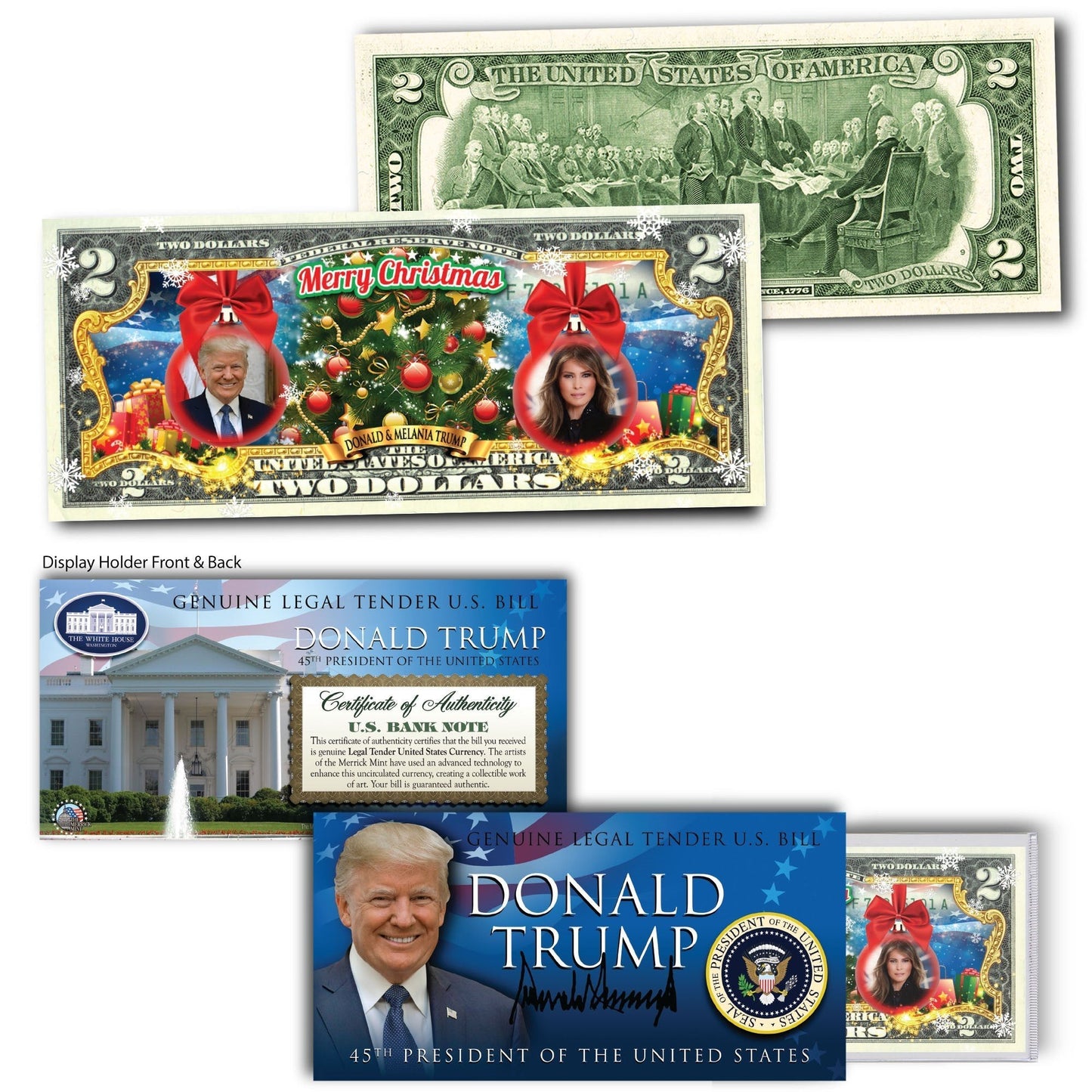 Trump Family Christmas Ornaments Edition (Genuine Legal Tender U.S. $2 Bill)